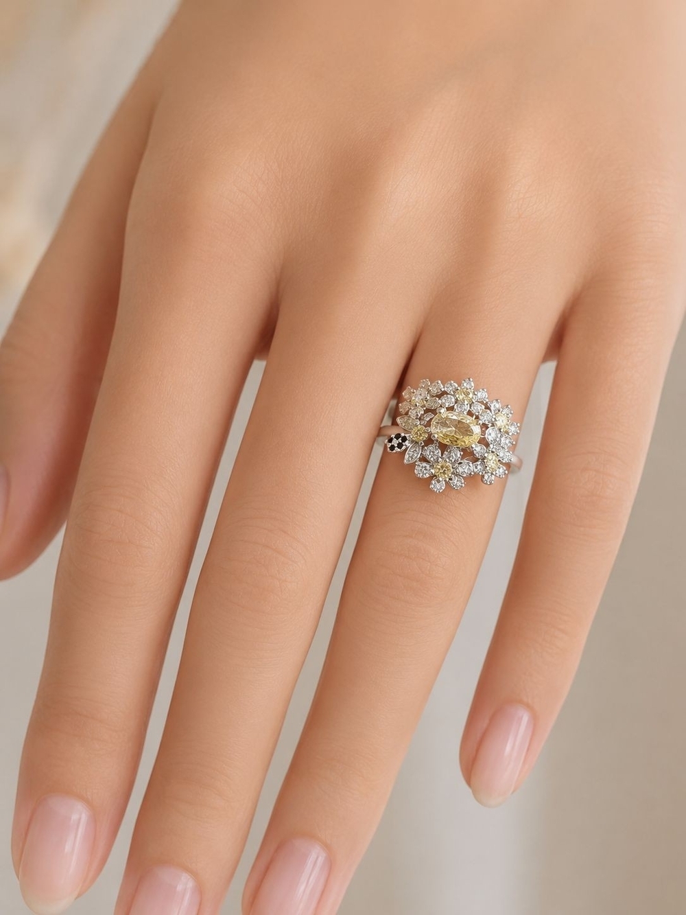 Yellow Floral Cluster Ring with Sparkling Accents - Women Jewelry - Picture 4 of 6
